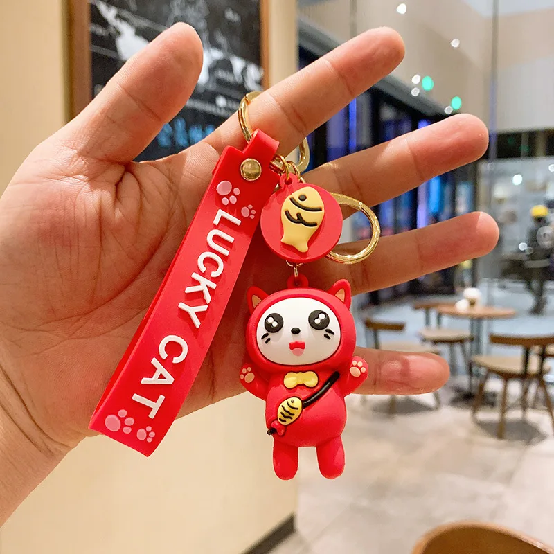 

Lucky Cat Keychain With Bell Key Ring Fortune Cat Keyring Wealth Health Attraction Gift Shopping Bag Decoration Car PVC Gift Car