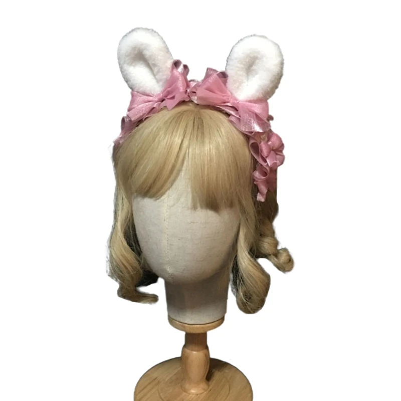 

Повязка на голову с ушками японского кролика медведя, милая сетчатая широкая обруч для волос с оборками и бантом, аниме Лолита, кружевные ак...