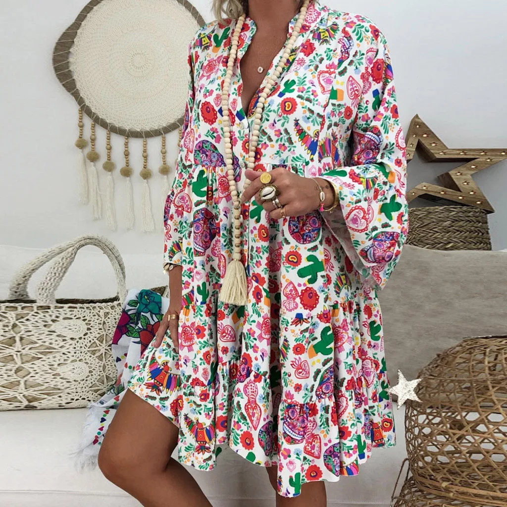 

Women's Ladies Loose Print Three Quarter Sleeve Mini Dress Summer Dress Fashion Independent Station Cute Sexy Festival