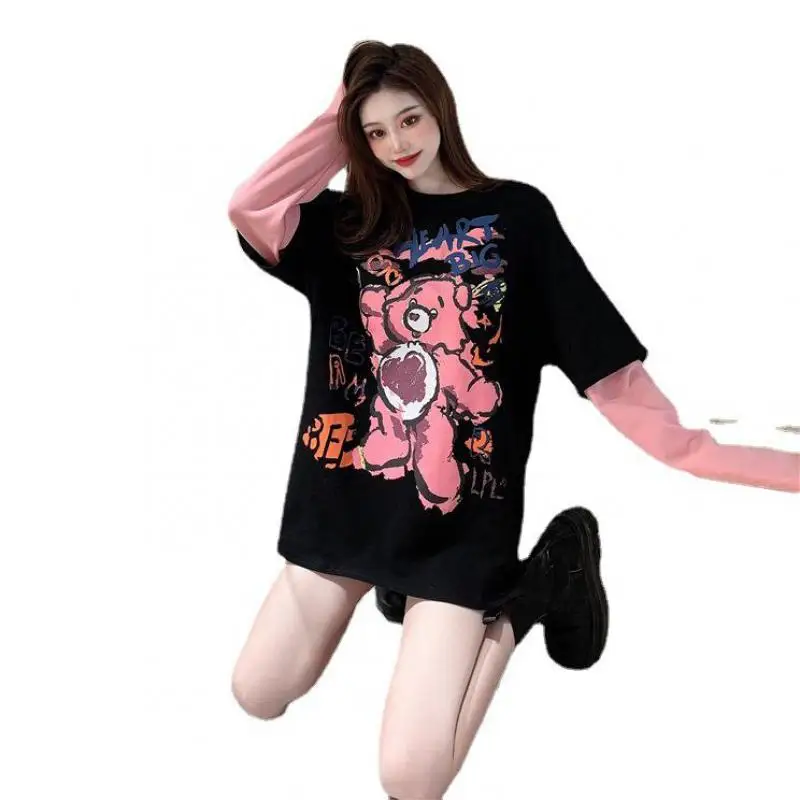 

Fashion Fake Two Pieces Tshirt Cute Cartoon Bear Patchwork T Shirt Long Sleeve Casual Oversized T-shirts O-neck Women Tees