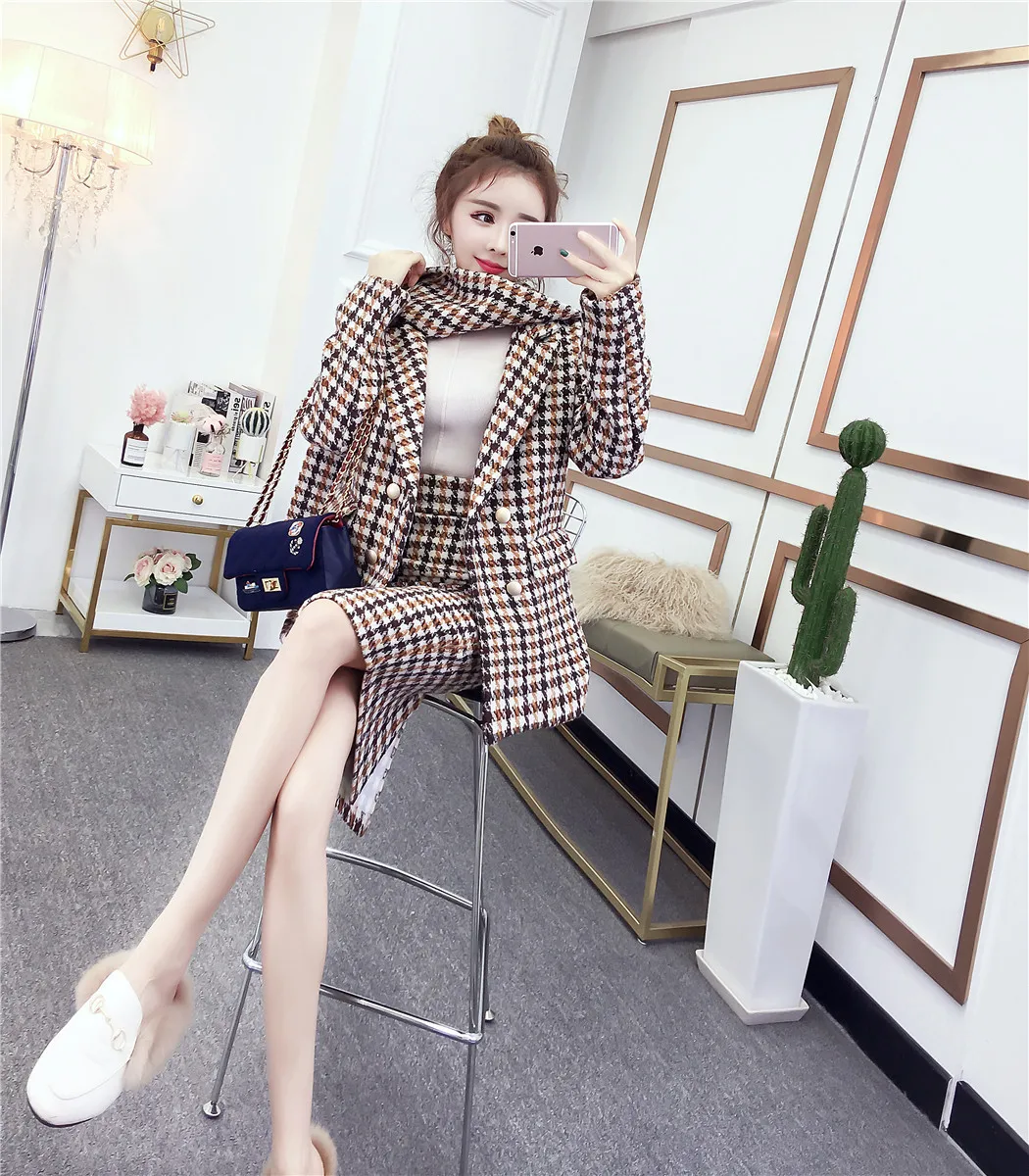 Осенне-зимний женский новый плотный модный клетчатый костюм с высокой талией и