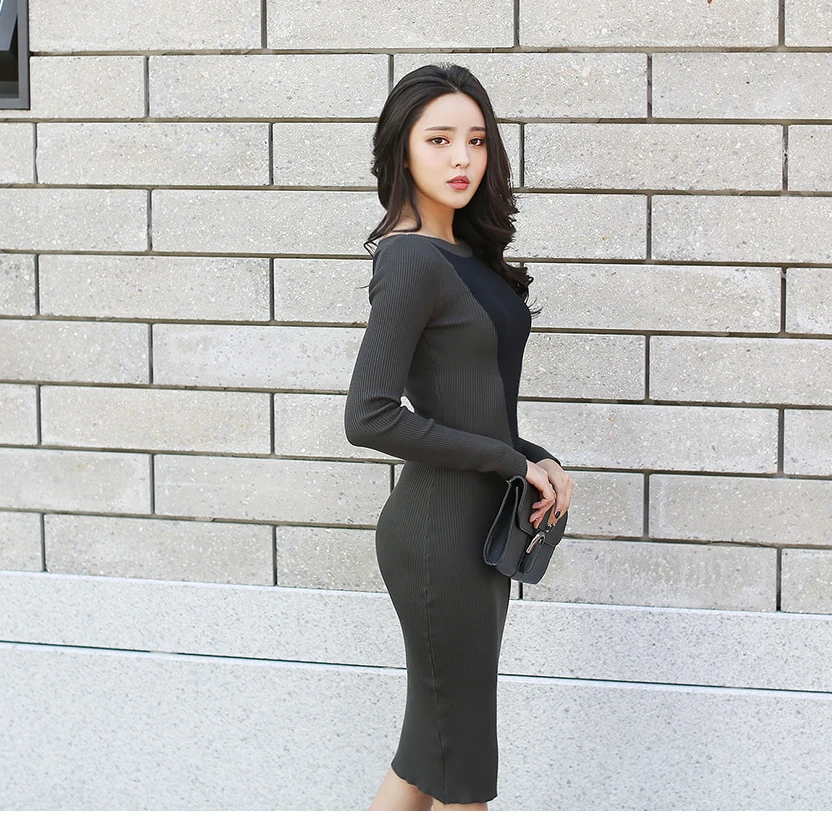 

Autumn Patchwork Women Sweater Dress O-neck Full Sleeve Hit Color Skinny Vestidos Female Knee-length Knitted Dress 2020