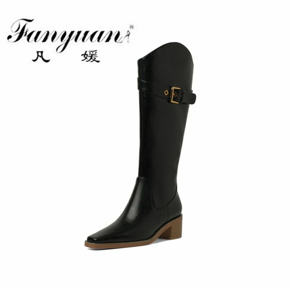 

Fanyuan High Quality Genuine Leather Women Knee-High Boots Autumn Winter Concise Fashion Buckle Ankle Boot Low Heels Shoes Woman