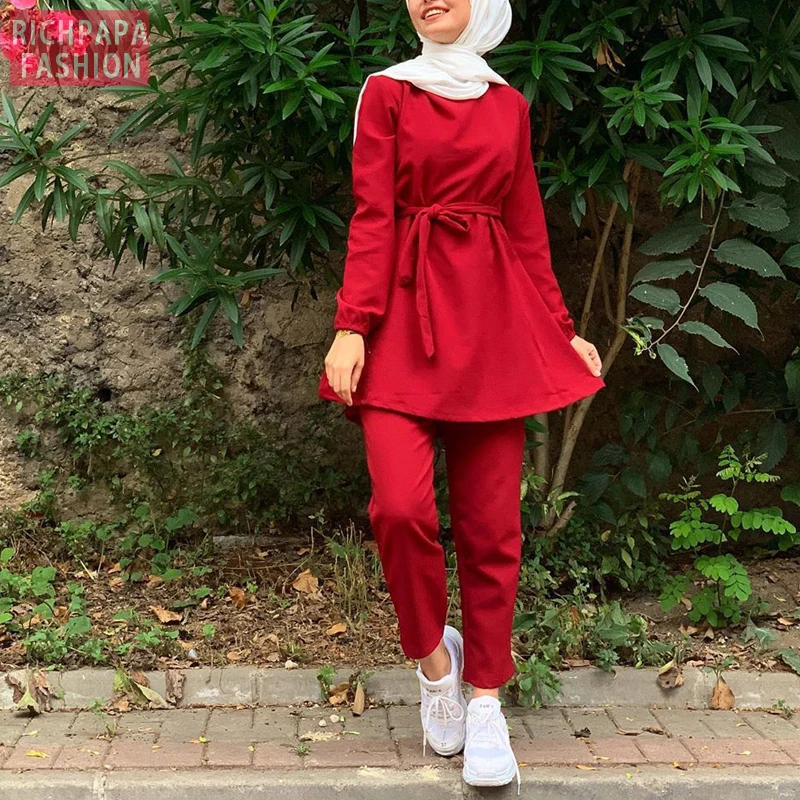 Мусульманская абайя из двух частей турецкие топы брюки свободный женский хиджаб