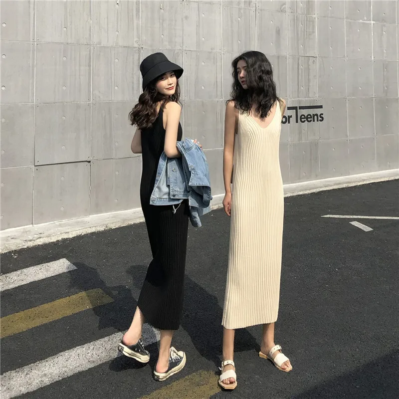 2021 летнее женское трикотажное тянущееся однотонное платье на бретелях с