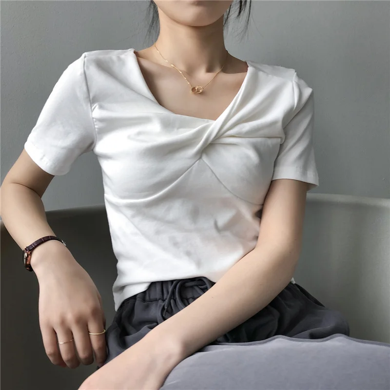 

V-Neck With Short Sleeves T-Shirt Fold Brief Paragraph Coat Joker Pure Cotton Pure Color White Tops For Girls Women T-Shirt 2021
