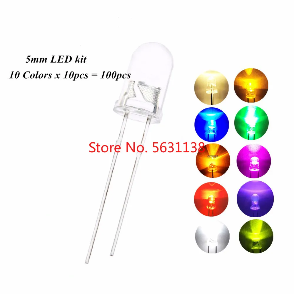 

100pcs 5mm f5 LED Kit Warm White Green Red Blue Yellow Orange Purple UV Pink Ultra Bright 20mA Water Clear Lamp Light chip leds