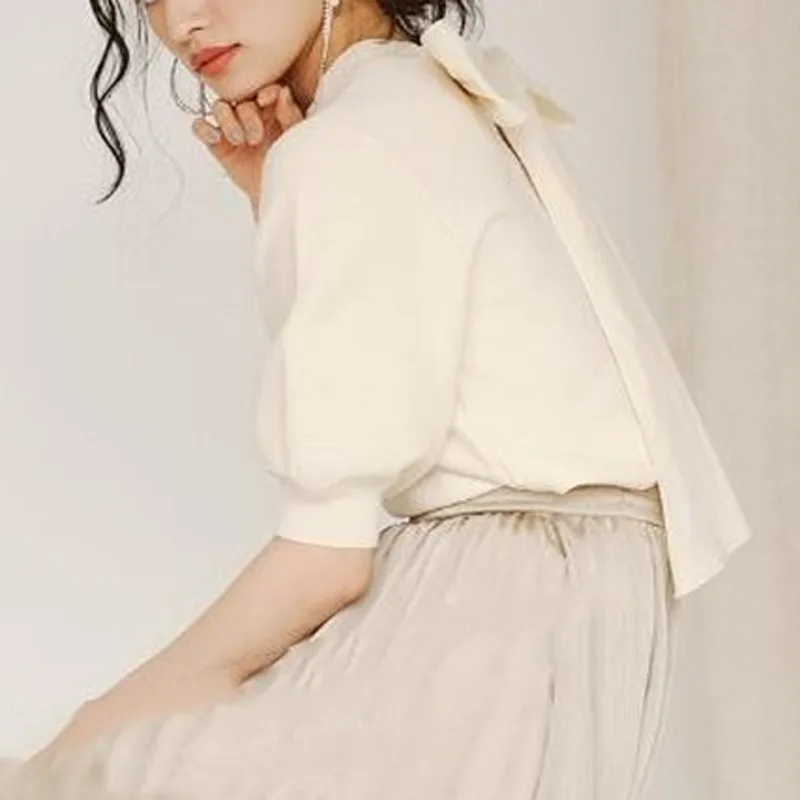 

O Neck Lace Up Bow Design Solid Knit Sweater Women Work Style Ol Loose Solid Pull Femme Summer 2021 New All Match Sueter