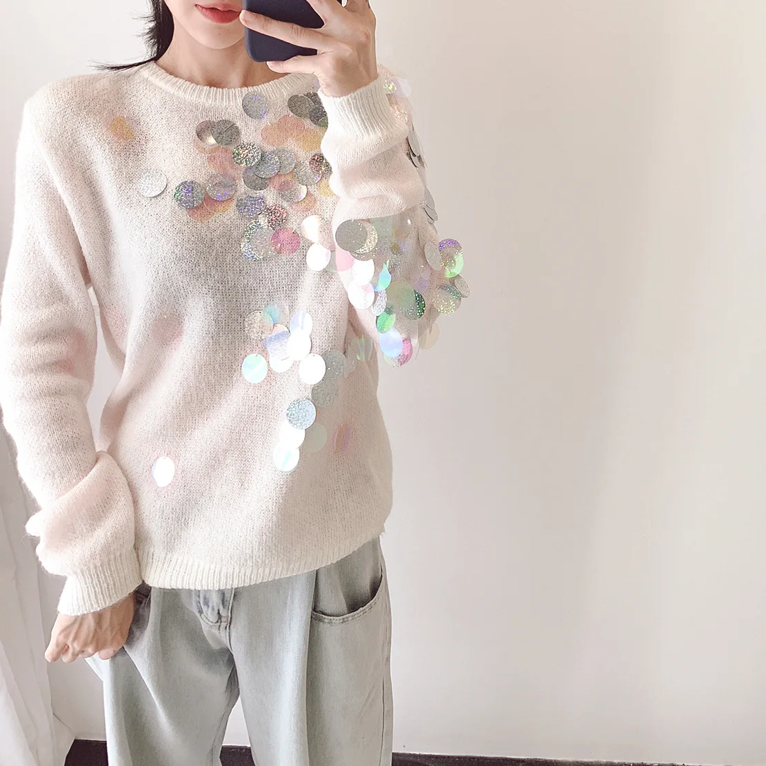 Женский трикотажный свитер в Корейском стиле с радужными блестками виде рыбьей