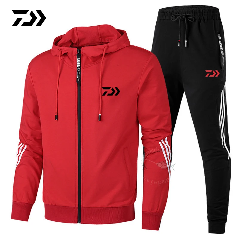 Красный Daiwa, весна-осень, костюм для рыбалки, хлопковый, для кемпинга, походов, спортивный комплект, полосатая одежда, костюм для рыбалки, куртка, штаны - Цвет: Красный