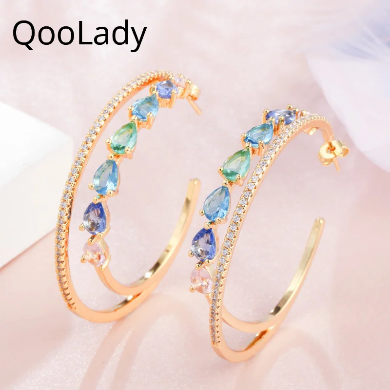 Новые модные очаровательные двухслойные серьги кольца QooLady из желтого золота с