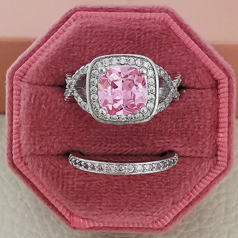 

vintage cushion cut zirconia silver color bride wedding ring set for women bride engagement Jewelry Band eternity gift R7005
