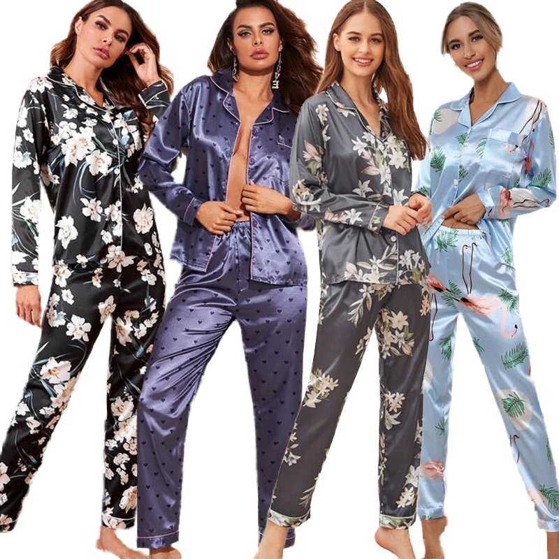 

Autumn Winter Women Silk Satin Pajamas Set Ladies Long Sleeve Top Shirt + Trouser Bottoms Pyjama Set Homewear Sleepwear Pj Sets