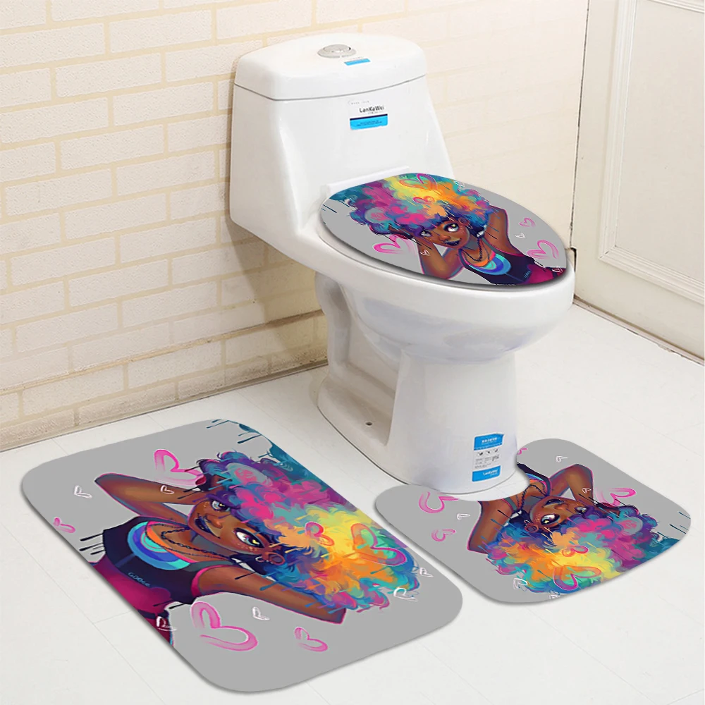 Набор для ванной комнаты с душевой занавеской, афроамериканская девочка, ванная занавеска, набор ковриков противоскользящих, мат для крышки унитаза, декор для дома.