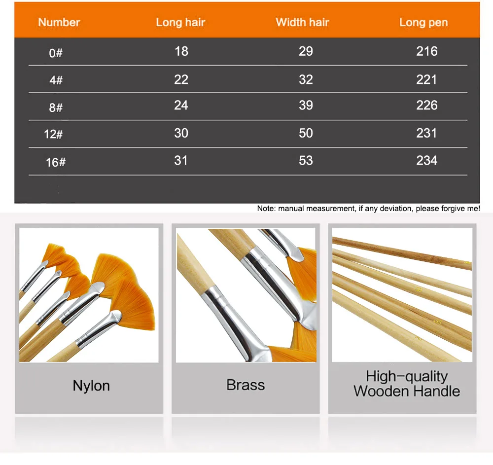 5 шт./компл. длинный нейлоновый веер в форме веера набор кистей для рисования