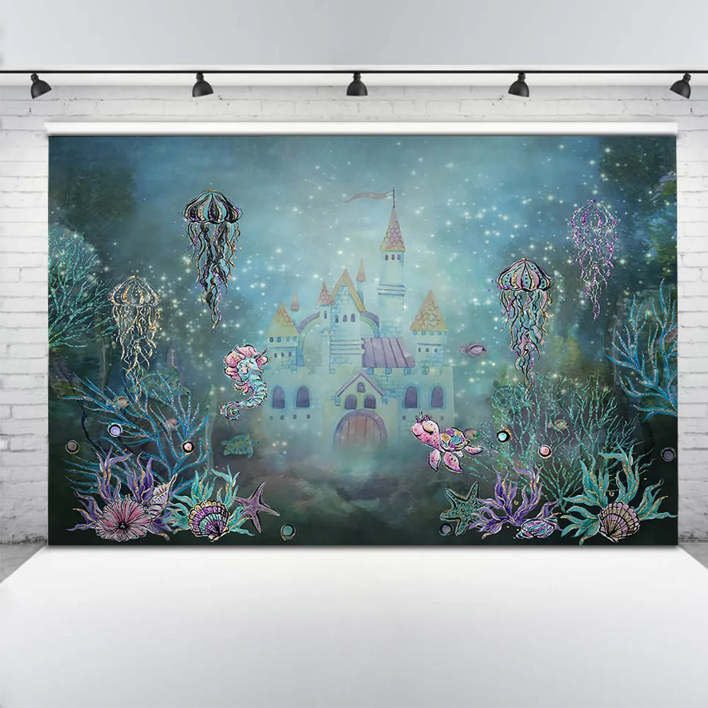 Mermaid Castle Newborn Baby Birthday Backdrop Underwater World Fairy Tale Background Coral Jellyfish Sea Turtle Photocall | Электроника