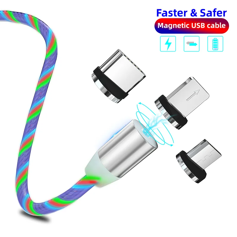 Светящийся Магнитный 8 Pin USB кабель для iPhone 11 Xiaomi Redmi Note Samsung Android Phone USBC Type C зарядное