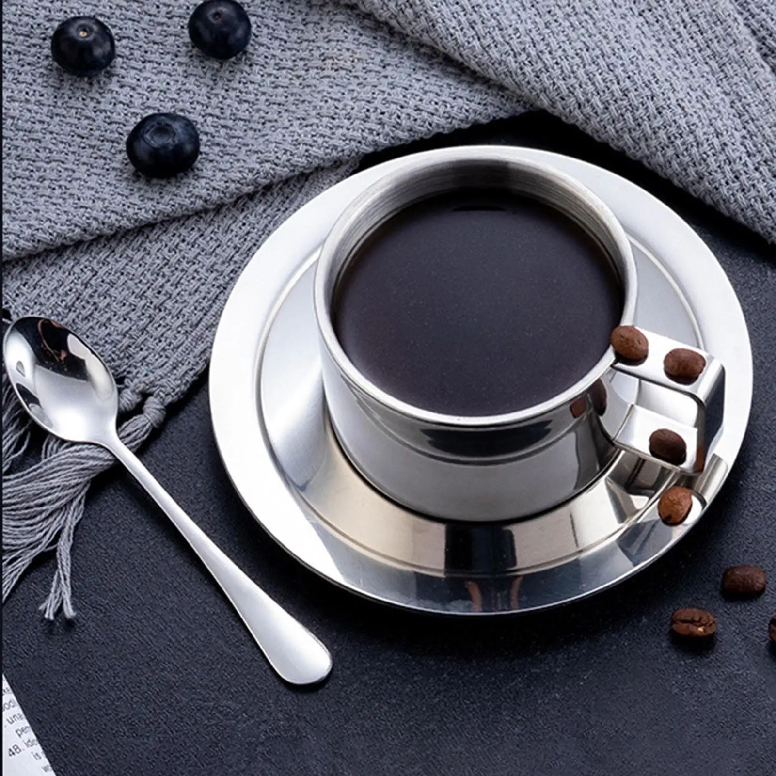 

Stainless Steel Double Layer Design Insulated Mug with Dish Spoon Coffee Cup Set
