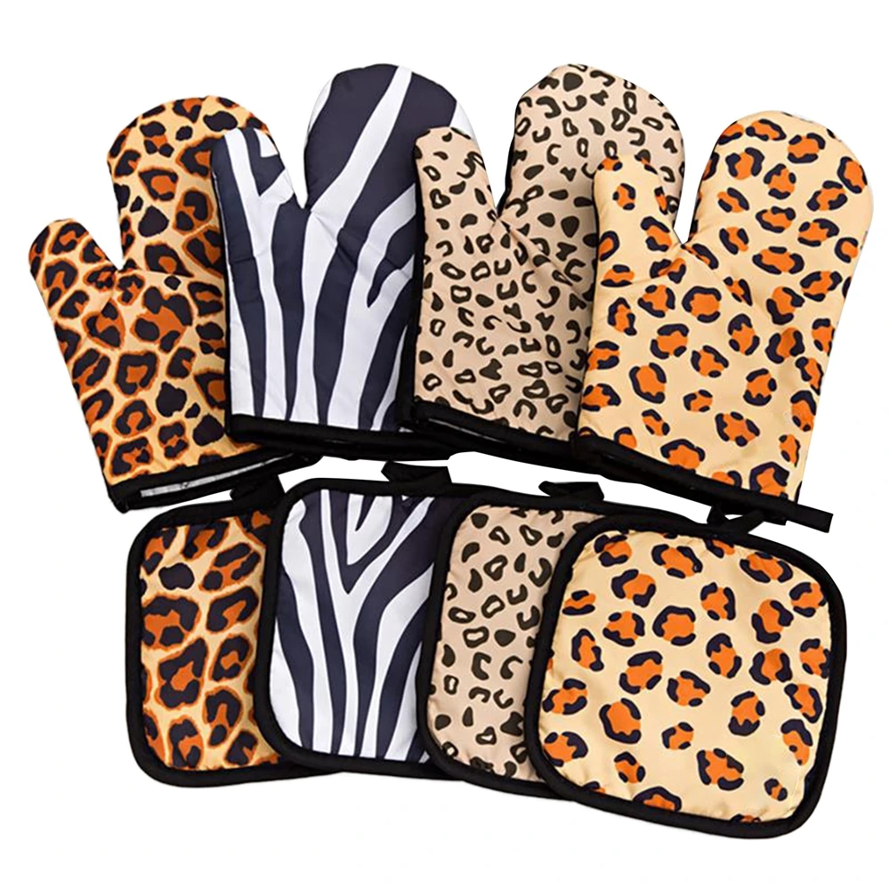 Kitchen Gloves Insulation Leopard Pattern Pad Cooking Microwave Gloves Baking BBQ Oven Potholders Oven Mitts Kitchen Tools 