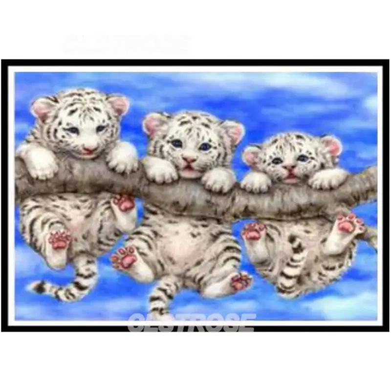 

Diy Diamond Painting Animal Cute Three White Tiger Stickers Rusty Diamonds Lying On The Tree Trunks Home Decoration Wall Square