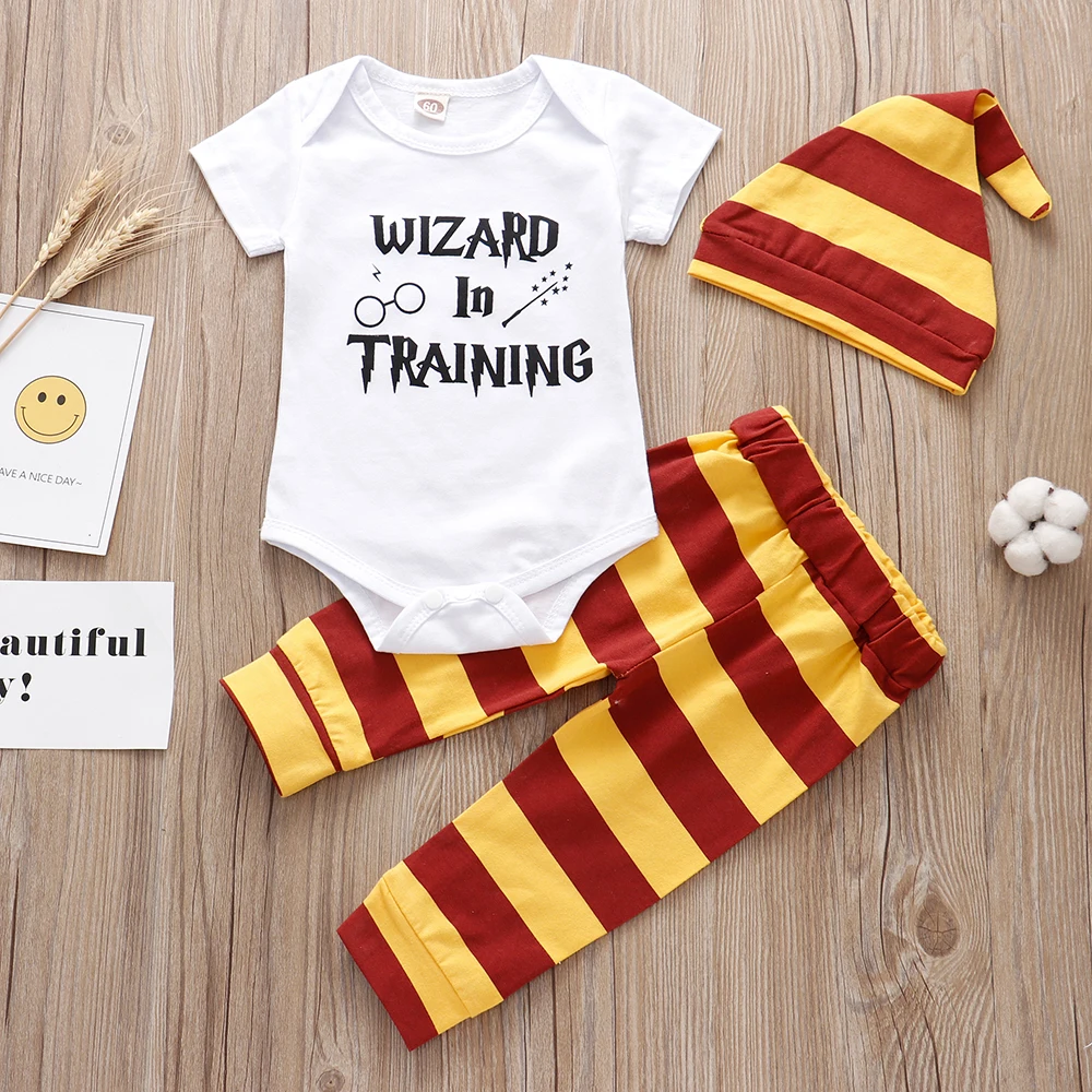 Newborn Baby Boy Girl Clothes Set Halloween Costume Little wizard has arrived Romper+Pants+Hat 3PCS Infant Baby Clothing Outfits images - 6