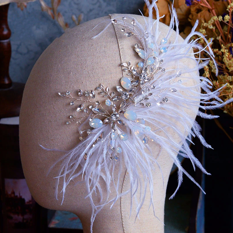 Diadema de plumas blancas, Tiara de moda, pinza de pelo de cristal, accesorios para el cabello de novia, adornos para fiesta