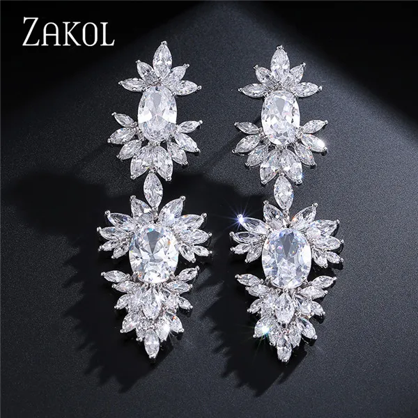 Sliver color ZAKOL Роскошная циркониевая люстра Висячие серьги Модные CZ кластер листьев Свадебные украшения для элегантных невест FSEP025 - Окраска металла: Sliver color