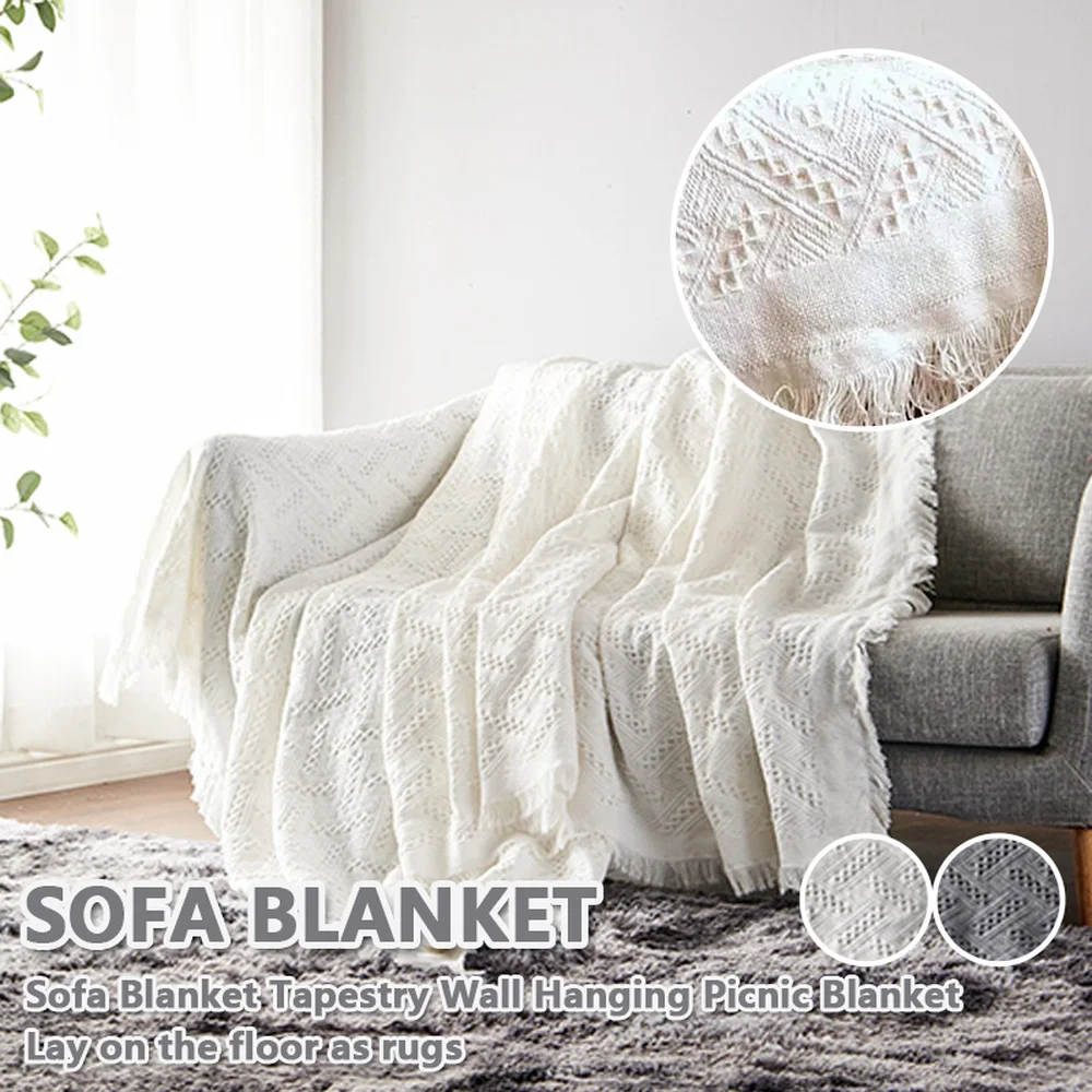 

Large Home White Cotton Knitted Sofa Blanket with Tassels Soft Woven Travel Blanket Multifunction Airplane Travel Decor Blankets