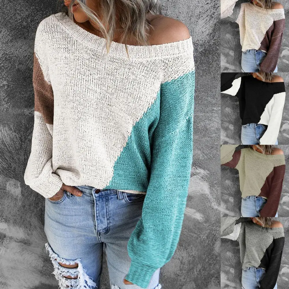 

Осенний свитер, искусственный вязаный пуловер, осенняя блузка с открытыми плечами, осенний свитер контрастных цветов для повседневной носк...