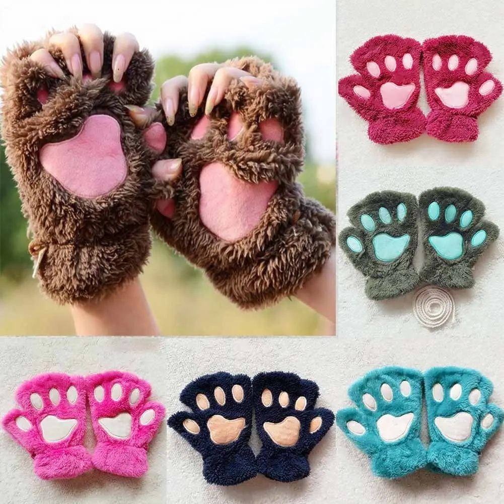 

Winter Women Cute Cat Claw Paw Plush Mittens Short Fingerless Gloves Half Finger Warm Plush Antifreeze gloves