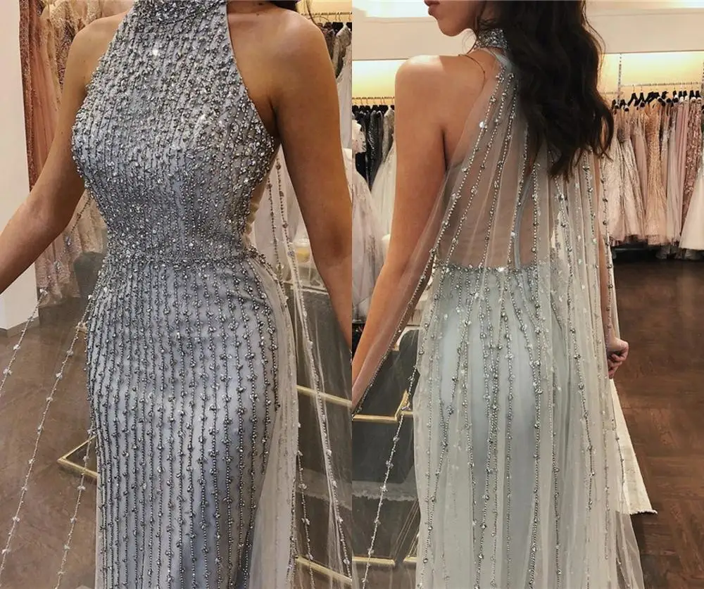 Major Beading Prom Dresses Sexy Sleeveless High Neck Sequins Sheer Back Mermaid Evening Dress Long Celebrity Dresses Party Gown