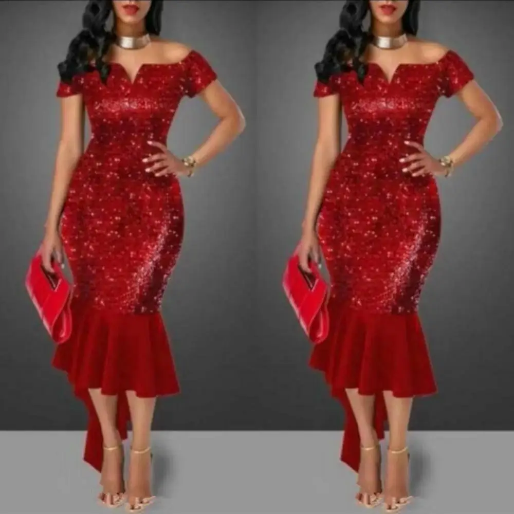 

Блестящее красное платье для выпускного вечера 2020 с блестками длиной ниже колена с открытыми плечами без рукавов облегающее вечернее плать...