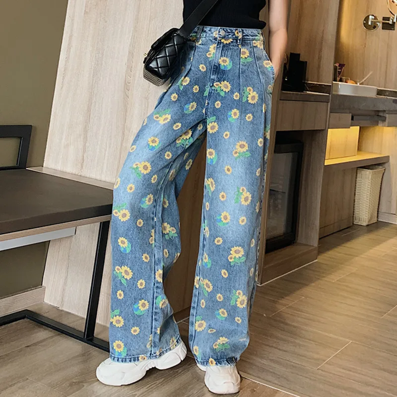 

Loose Streetwear Small Flowers Wide Leg Pants 2020 New Summer Casual Jeans Woman Long Trousers Cowboy Female