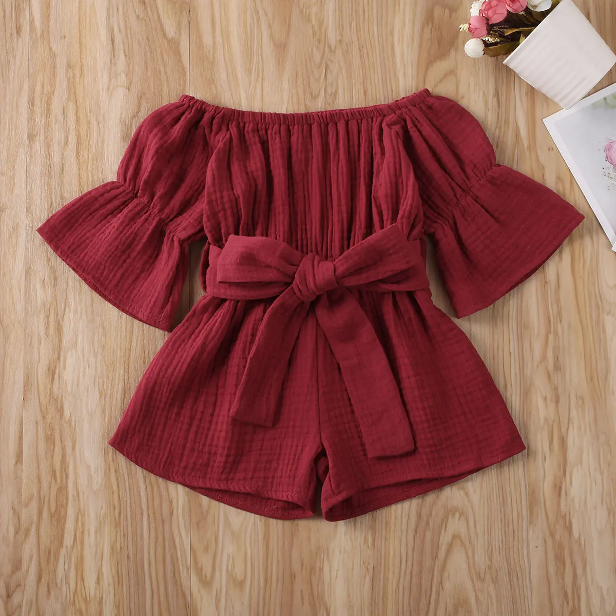 

2020 Toddler baby Clothing Summer Baby Girls Clothes Solid Color Cotton Linen Rompers Kids Flare Sleeve Jumpsuit With Sashes