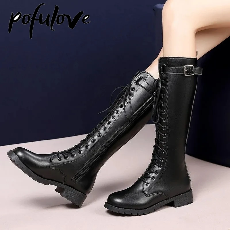 

Pofulove Size 43 Women Shoes Thigh High Boots Black Leather Boots Winter Fall Shoes Gothic Platform Heels Motorcycle Boots