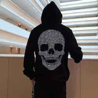 black white all match heavy craft skull rhinestone fitness mens hoodies with hat sweatshirt winter designer male hoody