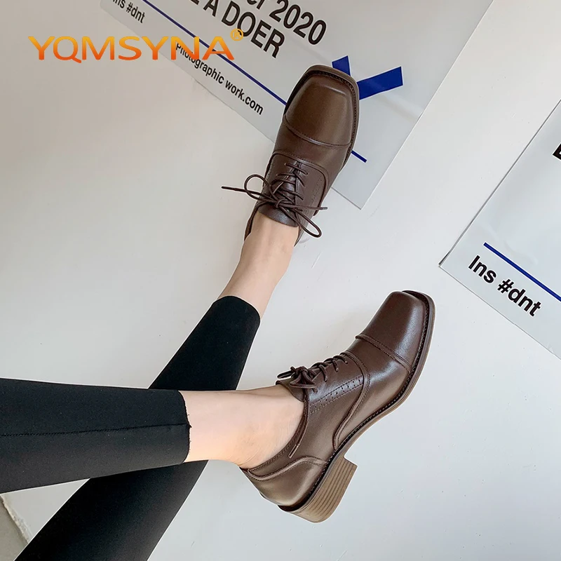 

YQMSYNA Casual Women's Pumps Comfortable Genuine Leather Cross-tied Square Heel Square Toe Pumps Leisure Office Lady Shoes AS206