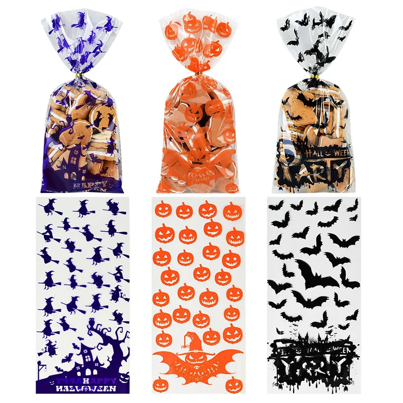 

50pcs Hallwoeen Pumpkin Skull Cat Candy Bag Transparent Cellophane Biscuit Plastic Packaging Bags Christmas Party Decor Gift Bag