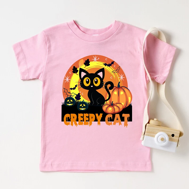 Camiseta de Halloween Kawaii Creepy Cat paz amor oto&ntilde;o PumpkinT-Shit Vintage, ropa para ni&ntilde;a 2022-3