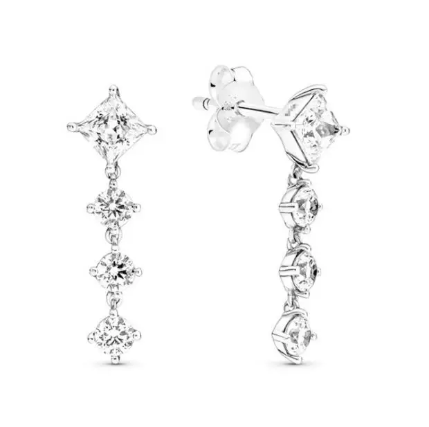 

Authentic 925 Sterling Silver Sparkling Round & Square Drop Earrings For Women Wedding Gift Fashion Jewelry