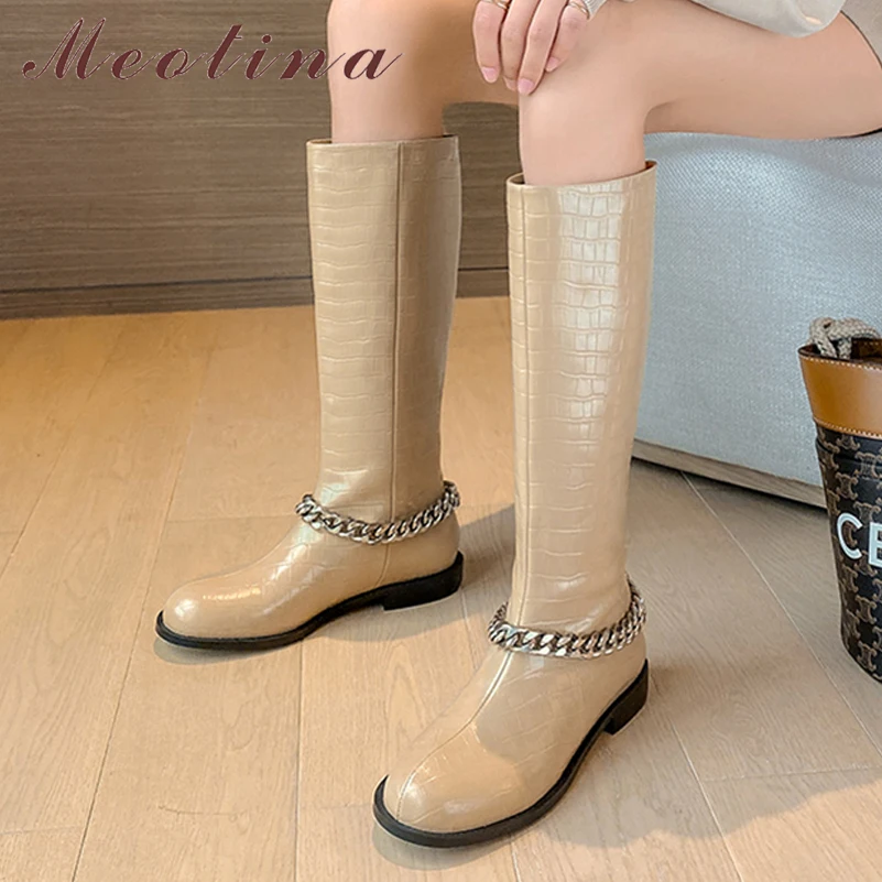 

Meotina Genuine Leather Riding Boots Thick Low Heel Lady Boots Women Fashion Chain Round Toe Knee High Boots Autumn Apricot 39