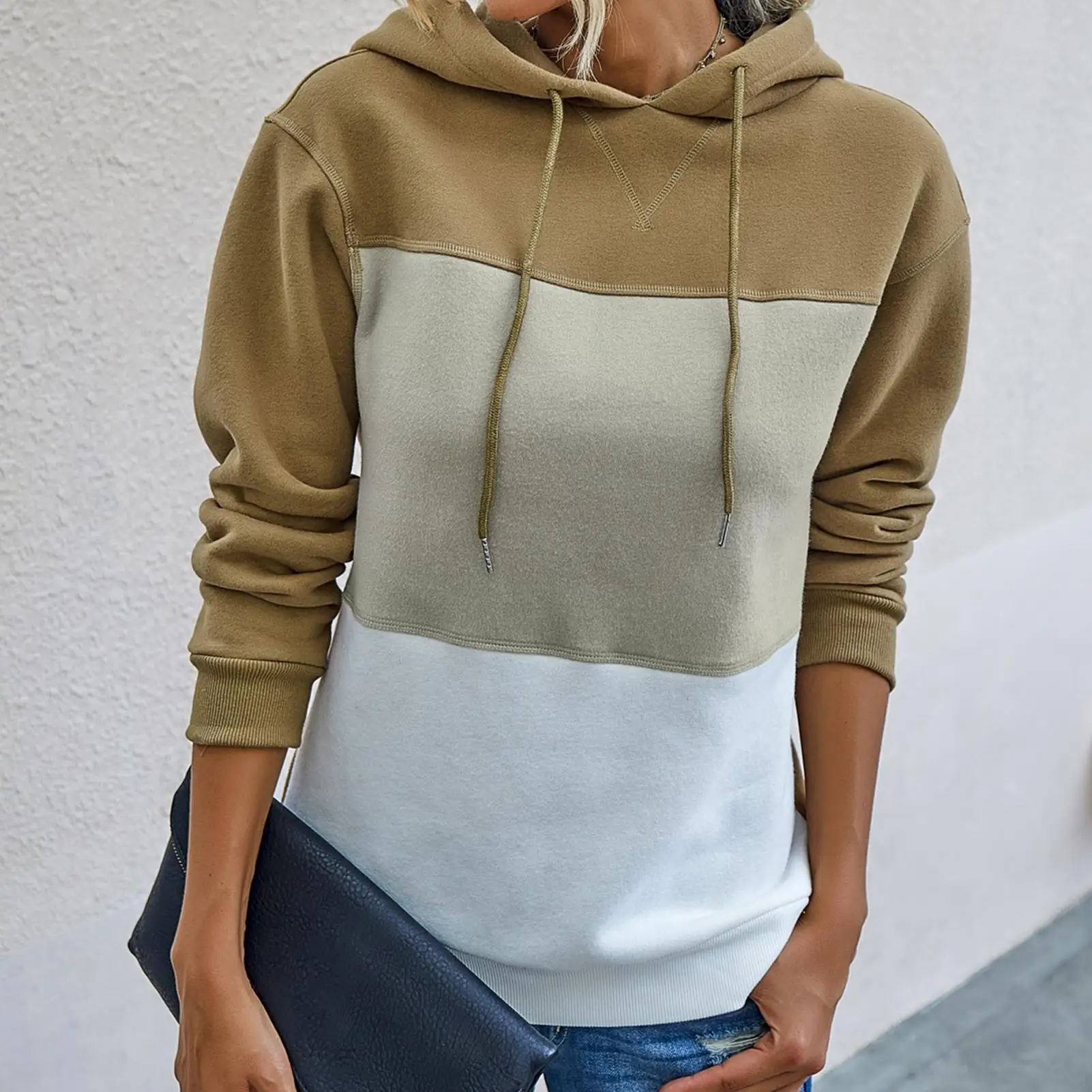 

Women Casual Color Block Hoodie Top Long Sleeve Drawstring Pullover Sweatshirt