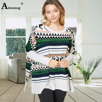 aimsnug 2021 womens top long sleeved sweater plus size frauen knitted plush sweaters winter christmas retro printed knitwear