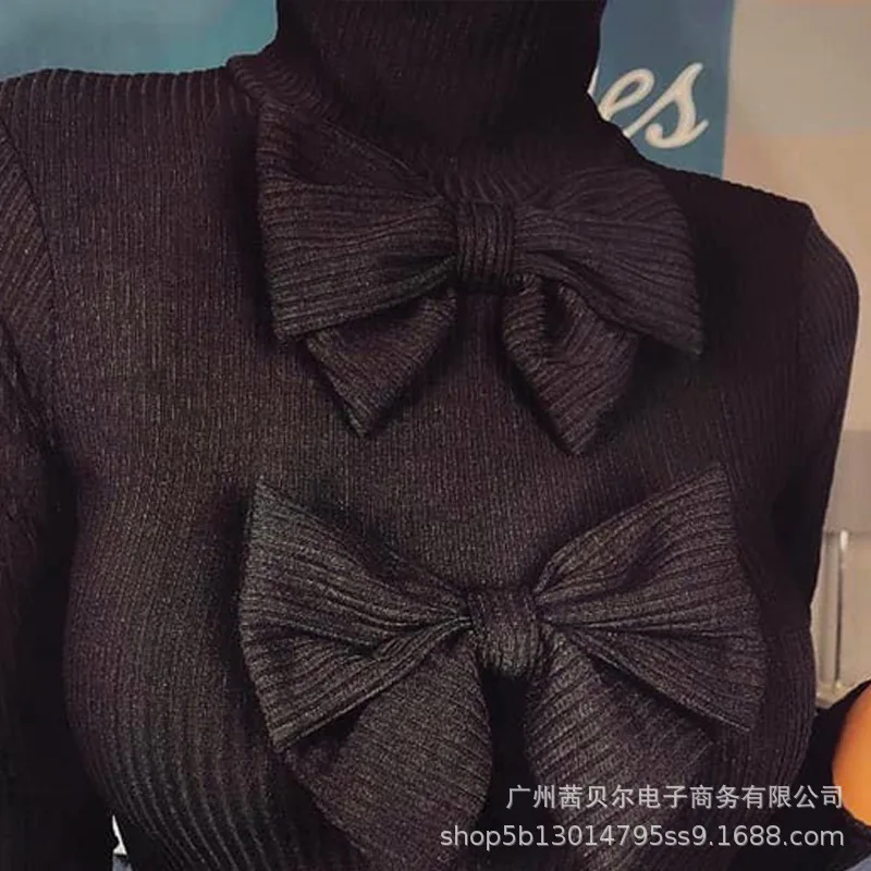 

WEPBEL Women Spring Autumn Elegant Bow Tie Skinny Knitted Shirt Top Casual Ladies Long Sleeve Turtleneck T-shirt