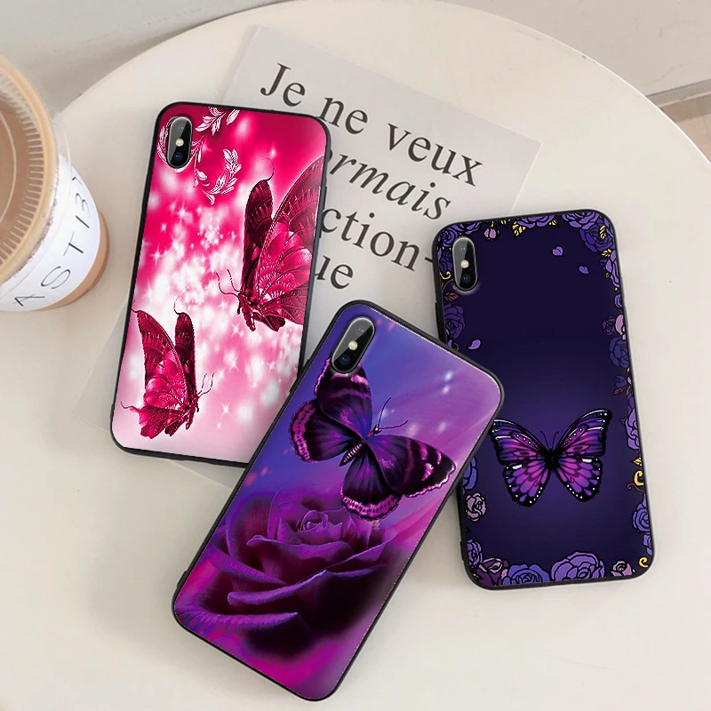 Две бабочки для iPhone X XR XS MAX Мягкая силиконовая задняя крышка Apple 8 7 6 S Plus чехол