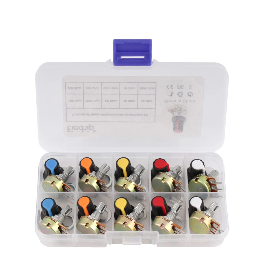 

WH148 Potentiometer Kit B1K 2K 5K 10K 20K 50K 100K 500K 1M 15mm Linear Taper Rotary Potentiometer Resistor Set 3pin With Cap