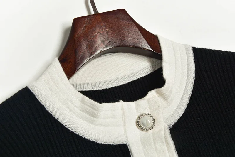 

Office Lady Black White Cardigan Elegant Sweater Coat Women 2020 Round Neck Single Breasted Knit Coat Slim Cardigan