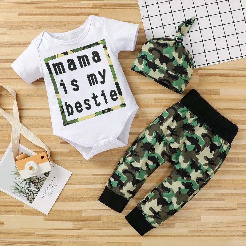 

Newborn Baby Boy soft and breathable Clothes Outfit Letter Print Romper Camouflage Pants Trousers Hat 3PCS Set for 0-12M baby