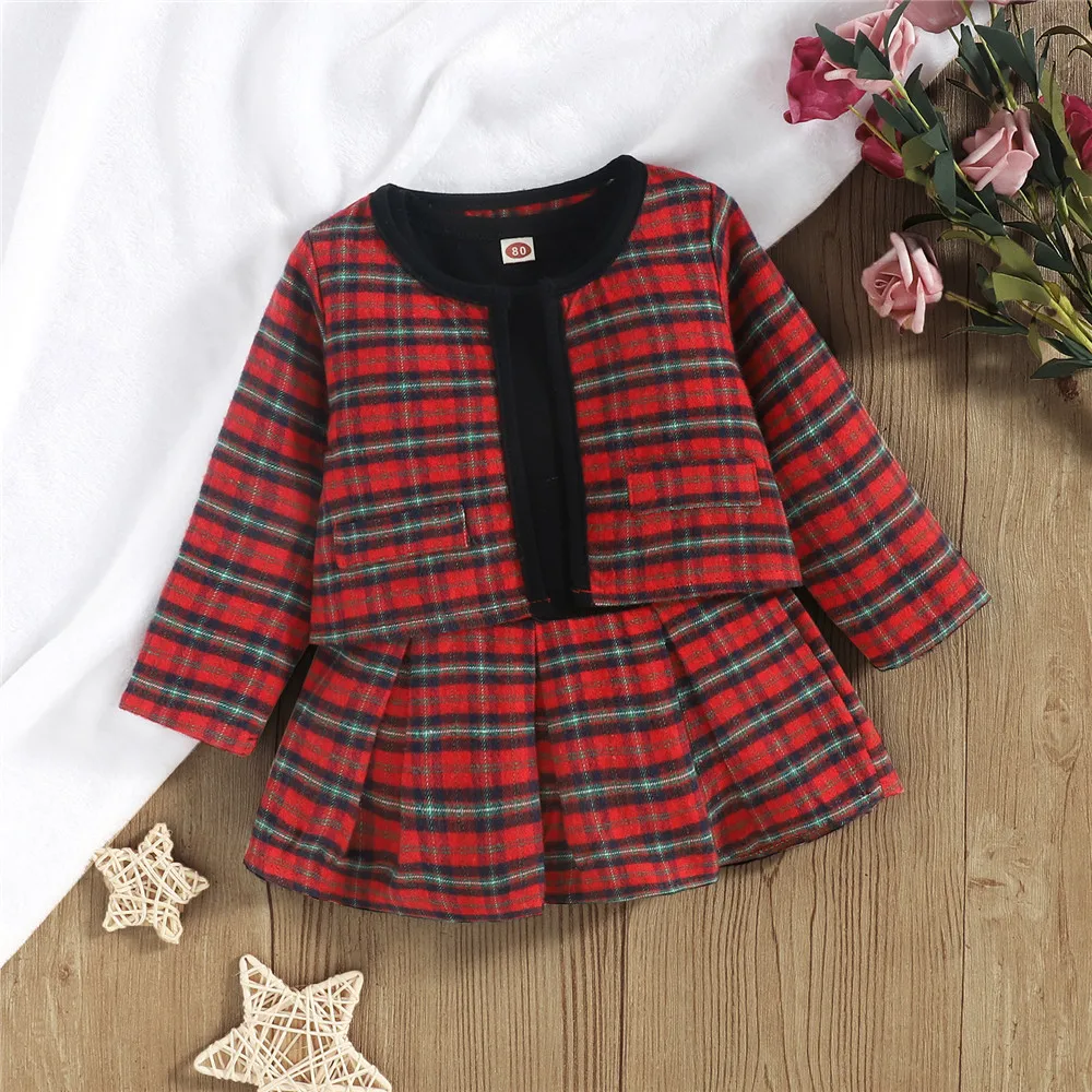 

Christmas Red Plaid Baby Girls Casual Two-Piece Clothes Set Warm Long Sleeve Jacket Coat A-Line Princess Dress Autumn Winter