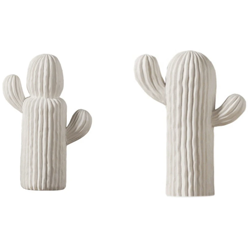 

2 Pcs Cactus Decoration Household Decoration Ceramic White Living Room TV Cabinet Decoration, 22.6 X 7.3Cm & 27 X 9Cm
